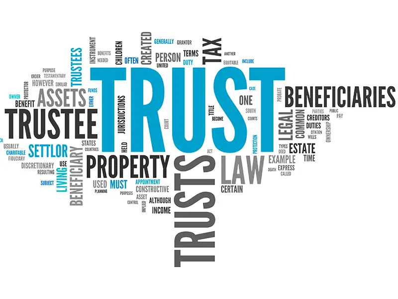 Word cloud with "TRUST" as the most prominent word. Surrounding words include "TRUSTEE," "PROPERTY," "LAW," "BENEFICIARIES," "LEGAL," "ASSETS," "TAX," "SETTLOR," "ESTATE," and "JURISDICTIONS," representing themes related to legal and financial aspects of trusts.